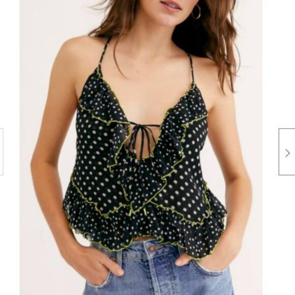 FREE PEOPLE WOMEN'S BLACK POLKA DOT DANCE TILL DOWN RUFFLE TOP  Size XS - Picture 1 of 7